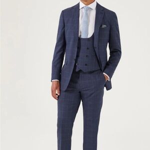 Skope Used Men's Navy 3 Piece Checkered Suit